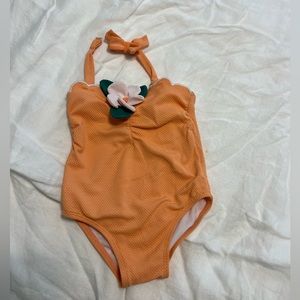 Janie and Jack Textured Orange Melon Halter One Piece Bathing Suit with Flower
